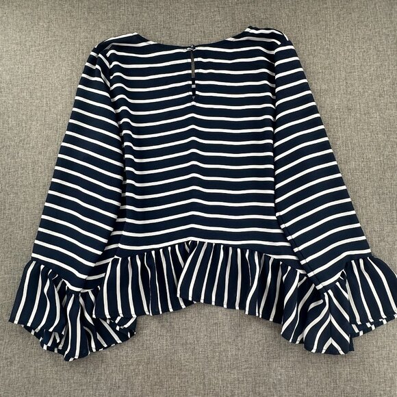 a.n.a A New Approach Top Striped Navy & White Long Sleeve Ruffled Hem Round Neck - Picture 9 of 11